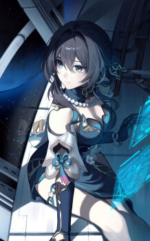1girl aqua_collar aqua_dress aqua_eyes aqua_gloves bare_shoulders bead_necklace beads black_hair bracelet breasts chinese_clothes cleavage clothing_cutout collar dna dress floral_print gloves hair_between_eyes hair_bun hair_ornament highres honkai:_star_rail honkai_(series) jewelry large_breasts long_hair monitor multicolored_eyes multicolored_hair necklace pearl_necklace plum_blossom_print ruan_mei_(honkai:_star_rail) shoulder_cutout sitting space spacecraft star_(sky) thigh_strap thighs two-tone_hair uxien