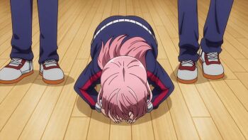 1girl 2025 20s animated animated_gif apologizing ass bowing byobugaura_homare jacket kneeling long_hair pink_hair school shoes sport_shoes tagme tougen_anki track_jacket wooden_floor