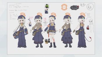 aoba_(blue_archive) baggy_pants bare_shoulders blonde_hair blue_archive blue_hat blush boots bow bowtie full_body gloves hair_over_one_eye halo hat highres jacket korean_text long_hair long_sleeves looking_at_viewer low_twintails multiple_views newsboy_cap official_art orange_halo overalls pants parted_bangs prototype_design red_eyes reference_sheet shirt short_hair sleeveless sleeveless_shirt sweater swept_bangs translation_request turtleneck turtleneck_sweater twintails white_hair wide-leg_pants