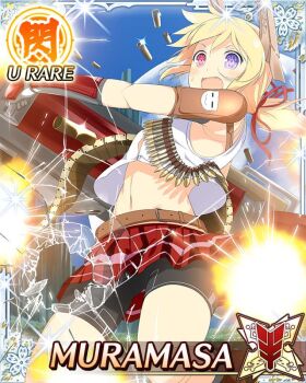 1girl ammunition ammunition_belt android bike_shorts blonde_hair card_(medium) character_name crop_top doll_joints english_text fang firing flat_chest game_cg gloves gun heavy_machine_gun heterochromia horns joints low_twintails machine_gun mechanical_horns medium_hair muramasa_(senran_kagura) navel official_art open_mouth plaid_clothes plaid_skirt purple_eyes red_eyes red_gloves red_skirt senran_kagura senran_kagura_new_wave shirt skirt solo sweat twintails weapon white_shirt