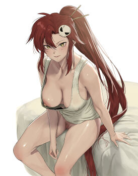 Rule 34 | 1girl, bed, breasts, censored, closed mouth, commentary, english commentary, hair ornament, highres, jeneral, knees, large breasts, long hair, mixed-language commentary, mosaic censoring, nipple slip, nipples, on bed, ponytail, pussy, red hair, simple background, sitting, skull hair ornament, smile, solo, tank top, tengen toppa gurren lagann, thighs, white background, white tank top, yellow eyes, yoko littner