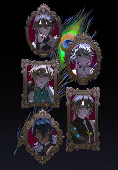 0p78xopwsj83779 2girls 3boys aventurine_(honkai:_star_rail) black_background blonde_hair blue_eyes blue_hair bright_pupils choker closed_eyes clothing_cutout coin collar commentary_request dark-skinned_male dark_skin earrings fur_trim genshin_impact gloves green_eyes grey_hair hair_ornament highres honkai:_star_rail honkai_(series) honkai_impact_3rd jewelry kaeya_(genshin_impact) long_hair mihoyo multiple_boys multiple_girls necklace peacock_feathers picture_frame pink_eyes red_eyes ring shirt single_earring smile su_(honkai_impact) tassel vita_(honkai_impact) white_hair yao_guang_(honkai:_star_rail)