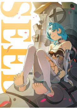 1girl 1other absurdres bare_shoulders blue_eyes blue_hair breasts character_name clothing_cutout detached_sleeves falling_petals feet flower_hairpin formal_clothes full_body gloves hair_ornament hairpin hashtag-only_commentary highres humanoid_robot latex_pants long_hair looking_at_viewer parted_lips petals ponytail robot see-through_dress_layer seed_(zenless_zone_zero) seed_sr. side_cutout simple_background sitting small_breasts stirrup_legwear suit thigh_cutout toeless_legwear toeless_socks toes white_background white_gloves white_sleeves white_suit wolfour zenless_zone_zero