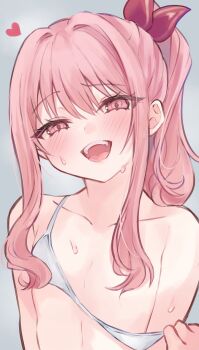 1girl akiyama_mizuki bra bra_pull clothes_pull flat_chest genmai_komeko grey_background highres open_mouth original pink_eyes pink_hair pov pov_hands sweat underwear