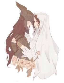 2girls armlet armor brown_hair covered_eyes cropped_torso dark_souls_(series) dark_souls_i elden_ring flat_color flower from_side fur_trim gold_armor helmet helmet_over_eyes highres jewelry long_hair malenia_blade_of_miquella multiple_girls prosthesis prosthetic_arm queen_of_sunlight_gwynevere red_hair rottedswans shoulder_armor three-quarter_sleeves veil white_background winged_helmet