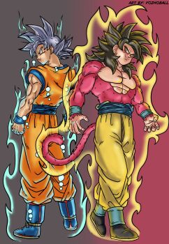 Rule 34 | 2boys, absurdres, aura, back-to-back, black hair, blue boots, blue shirt, body fur, boots, dragon ball, dragon ball gt, dragon ball super, grey hair, highres, in-franchise crossover, male focus, monkey tail, multiple boys, muscular, muscular male, orange pants, orange shirt, pants, red fur, red tail, shirt, son goku, spiked hair, super saiyan, super saiyan 4, tail, topless male, ultra instinct, y0zh0, yellow eyes, yellow pants