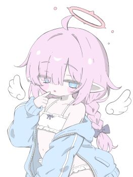 1girl :o ahoge angel bare_shoulders black_bow blue_eyes blue_jacket blush_stickers bow bow_bra bra braid braided_ponytail commentary_request detached_wings eyes_visible_through_hair flat_chest frilled_bra frilled_panties frills hair_bow hair_over_one_eye halo hand_up highres index_finger_raised izumi_(yura_izumi) jacket long_hair long_sleeves mini_wings navel off-shoulder_jacket off_shoulder open_clothes open_jacket original panties pink_hair pink_halo pointy_ears sidelocks simple_background solo stomach underwear upper_body white_background white_bra white_panties white_wings wings