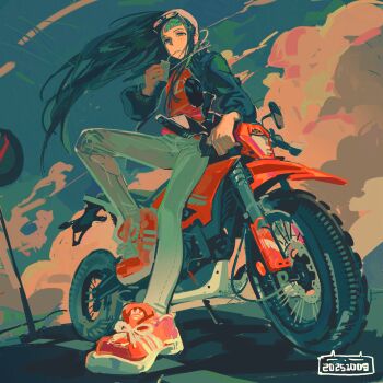 Rule 34 | 1girl, 2025, absurdres, asymmetrical bangs, cloud, commentary, dated, dirtbike, eizouken ni wa te wo dasu na!, eyewear on head, floating hair, glasses, goblet 42, highres, kanamori sayaka, long hair, motor vehicle, motorcycle, solo