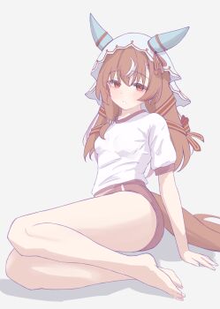 1girl alternate_costume bare_legs barefoot blush breasts brown_hair buruma closed_mouth collarbone commentary_request full_body hair_between_eyes hair_ornament highres horse_girl looking_at_viewer red_eyes small_breasts solo still_in_love_(umamusume) tofu_thunder umamusume veil white_background