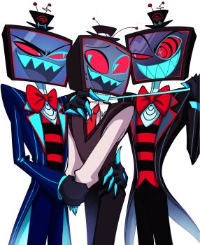 Rule 34 | 3boys, :d, black hat, black pants, black shirt, black suit, blue blush, blue pants, blue pupils, blue suit, blue teeth, bow, bowtie, chain, chain pull, character request, closed mouth, colored teeth, cowboy shot, flat screen tv, formal clothes, grabbing another's hand, half-closed eyes, hand on another's shoulder, hand on another's waist, hat, hazbin hotel, hellaverse, highres, hypnosis, k1mm166, korean commentary, male focus, mind control, multicolored shirt, multiple boys, necktie, nervous smile, nervous sweating, object head, official alternate costume, open mouth, pants, radio antenna, raised eyebrow, raised eyebrows, raised inner eyebrows, red bow, red bowtie, red eyes, red necktie, red shirt, selfcest, sharp teeth, shirt, smile, standing, striped clothes, striped shirt, suit, sweat, sweatdrop, symbol-shaped pupils, teeth, television, top hat, triangle-shaped pupils, upper teeth only, vox (hazbin hotel), vox (past) (hazbin hotel), vox (pilot) (hazbin hotel), wi-fi symbol