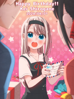 1boy 2024 2girls :o black_dress black_hair black_hairband blue_eyes blush brown_background character_name chocotomamenoki dated dress gradient_background hairband happy_birthday highres holding kaguya-sama_wa_kokurasetai_~tensai-tachi_no_renai_zunousen~ long_hair multiple_girls pink_background red_ribbon ribbon school_uniform shinomiya_kaguya shirogane_kei shirogane_miyuki short_hair short_sleeves shuuchiin_academy_school_uniform smile solo_focus teeth upper_teeth_only