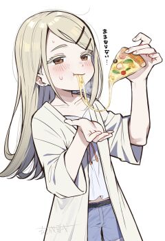 1girl belt black_belt blonde_hair blue_shorts blush brown_eyes camisole cheese cheese_trail closed_mouth collarbone colored_eyelashes cowboy_shot dddd_akagi denim denim_shorts earrings eating fingernails flipped_hair food gakuen_idolmaster gradient_hair grey_hair grey_robe hair_ornament hairclip hands_up highres holding holding_food holding_pizza idolmaster jewelry long_hair looking_at_object midriff_peek multicolored_hair open_clothes open_robe parallel_hairclips pizza pizza_slice robe rope_belt shinosawa_hiro shorts simple_background solo stud_earrings sweat swept_bangs translation_request white_background white_camisole wide_sleeves