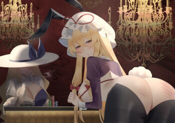 2girls absurdres animal_ears ass blonde_hair blush butt_crack casino cigarette commentary english_commentary hat hat_ribbon highres indoors long_hair looking_at_viewer looking_back mob_cap multiple_girls no_noru ofuda ofuda_on_nipples orange_eyes pasties playboy_bunny rabbit_ears rabbit_tail red_ribbon reverse_bunnysuit reverse_outfit ribbon smoking spanked tail touhou watatsuki_no_toyohime white_hat yakumo_yukari