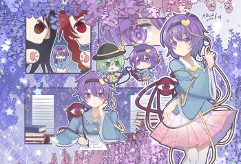4girls absurdres artist_name black_hair black_hairband black_hat blue_shirt book braid buttons chibi chinese_commentary closed_mouth commentary dated eyeball floral_print frilled_shirt_collar frilled_sleeves frills green_hair green_skirt hair_ornament hairband hand_on_own_face hat hat_ribbon heart heart_button heart_hair_ornament heart_of_string highres kaenbyou_rin komeiji_koishi komeiji_satori luo_chen_levi multiple_girls open_mouth paper pink_hair pink_skirt pleated_skirt print_skirt purple_eyes purple_hair red_eyes red_hair reiuji_utsuho ribbon ribbon-trimmed_collar ribbon_trim rose_print shirt siblings sisters skirt third_eye touhou writing yellow_ribbon yellow_shirt