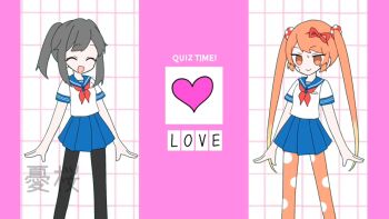 2girls ayano_aishi black_hair commentary_request long_hair looking_at_viewer mesmerizer_(vocaloid) multiple_girls open_mouth orange_eyes orange_hair osana_najimi_(yandere_simulator) parody ponytail school_uniform serafuku shirt skirt smile translation_request yandere_simulator yuu_sakura_urara