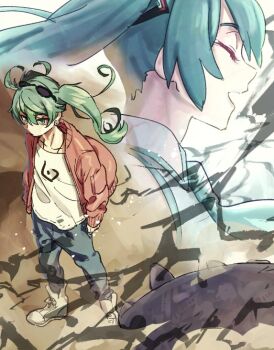 2girls aqua_eyes aqua_hair aqua_necktie blue_pants boots commentary_request dual_persona earrings eyewear_on_head hatsune_miku jacket jewelry multiple_girls nanao_itsuki necktie pants red_jacket shirt suna_no_wakusei_(vocaloid) sunglasses twintails vocaloid white_boots white_shirt