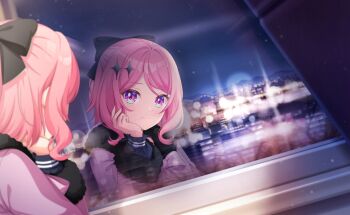 1girl black_bow black_sailor_collar blue_sailor_collar blurry blush bow closed_mouth commentary_request depth_of_field fudeshima_shigure game_cg hair_bow hair_ornament highres indoors long_sleeves night official_art outdoors pink_hair reflection sailor_collar school_uniform serafuku sky third-party_source window world_dai_star