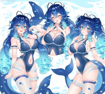 1girl blue_eyes blue_hair blue_nails blue_one-piece_swimsuit body_markings breasts cetacean_tail closed_eyes closed_mouth clothing_cutout commentary drill_hair drill_sidelocks facial_mark fins fish_tail gradient_hair highres indie_virtual_youtuber multicolored_hair navel_cutout one-piece_swimsuit puppypaww second-party_source sidelocks signature single_fishnet_legwear single_thighhigh steepled_fingers sumina_(vtuber) swimsuit tail thighhighs tongue twintails virtual_youtuber