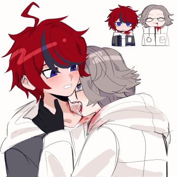 2boys ahoge aotsuki_eito black_gloves black_hair blood blood_on_clothes blood_on_face blue_eyes blush drinking_blood glasses gloves highres male_focus multicolored_hair multiple_boys multiple_views red_hair simple_background sumino_takumi the_hundred_line_-last_defense_academy- vampire white_hair yaoi zero_(misamxsa08)