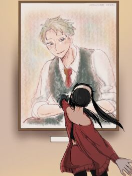 1boy 1girl 646nacho bare_shoulders black_hair blonde_hair blush breasts couple dress formal_clothes green_pants green_suit hairband hetero highres husband_and_wife long_hair off-shoulder_sweater off_shoulder pants red_sweater shirt spy_x_family suit sweater sweater_dress twilight_(spy_x_family) white_hairband yor_briar