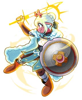 Rule 34 | 1girl, acenth, alternate costume, alternate hairstyle, animal ear fluff, animal ears, antlers, arm up, armor, aura, baldur's gate, baldur's gate 3, belt, blue cloak, blue skirt, boots, braid, braided bun, brown belt, brown boots, buck teeth, cloak, closed mouth, commentary, deer ears, delta rune (symbol), deltarune, dungeons & dragons, dungeons &amp; dragons, english commentary, freckles, from side, glowing, glowing sword, glowing weapon, green ribbon, hair bun, hair ribbon, halo, holding, holding shield, holding sword, holding weapon, hood, hooded cloak, horns, long sword, noelle holiday, paladin, ribbon, shield, short hair, simple background, skirt, smile, snow print, socks, solo, sword, teeth, utdr (toby fox), weapon, white armor, white background, white hair, white socks, white trim