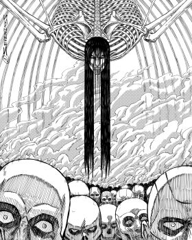 1boy 6+others colossal_titan commentary eren_yeager evil_smile founding_titan greyscale hatching_(texture) highres linear_hatching long_hair monochrome multiple_others pointy_ears ribs seveninks shingeki_no_kyojin smile smoke titan_(shingeki_no_kyojin)