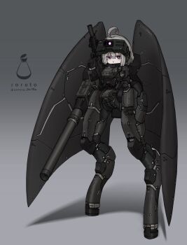 1girl absurdres ahoge arm_at_side armor artist_name commentary_request cyborg digitigrade full_body gradient_background grey_background grey_hair gun head-mounted_display highres holding holding_gun holding_weapon joints looking_at_viewer mecha_musume mechanical_wings no_feet original purple_eyes robot_joints short_hair shoulder_cannon soruto_0w98e standing triangle_mouth trigger_discipline weapon wings
