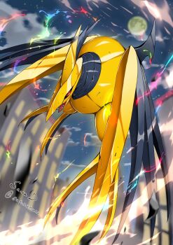 beak bird cloud colored_sclera commentary_request fangs flying gen_2_pokemon gold_skin highres horns lumiose_city mega_evolution mega_pokemon mega_skarmory metal_skin moon night nintendo no_humans open_mouth pokemon pokemon_(creature) red_eyes red_sclera sawa_d single_horn skarmory talons wings