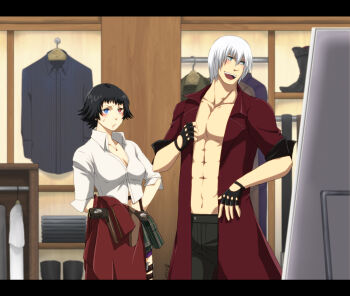1boy 1girl black_gloves black_hair blue_eyes coat dante_(devil_may_cry) devil_may_cry devil_may_cry_(series) devil_may_cry_3 ebony_&amp;_ivory fingerless_gloves furuko_(fullco) gloves gun heterochromia jewelry lady_(devil_may_cry) midriff necklace no_shirt open_mouth pants red_coat red_eyes shirt smile sweatdrop trying_on_clothes weapon white_hair white_shirt