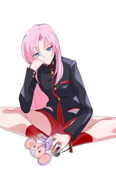 1girl 1other animal bike_shorts black_jacket blue_eyes chu_chu_(shoujo_kakumei_utena) commentary highres indian_style jacket jewelry knees_apart_feet_together long_hair monkey namisonpictures pink_hair red_shorts ring shorts shoujo_kakumei_utena simple_background sitting symbol-only_commentary tenjou_utena uniform white_background