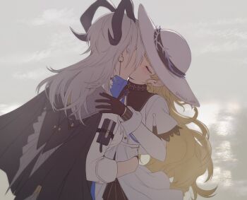 02110623_shhh 2girls absurdres black_gloves black_jacket blonde_hair blush closed_eyes commentary_request dress earrings gloves grey_hair hand_on_another's_shoulder hat highres horns jacket jacket_on_shoulders jewelry kiss long_hair multiple_girls outdoors phoebe_(wuthering_waves) shirt white_dress white_hat white_shirt wuthering_waves yuri zani_(wuthering_waves)