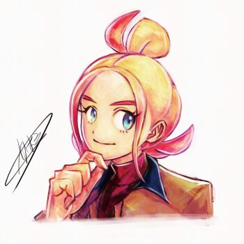 1girl blonde_hair blue_eyes closed_mouth cropped_torso eyelashes highres jacket kaosu_(kaosu0905) looking_at_viewer nintendo pokemon pokemon_legends:_z-a short_hair signature smile solo taunie_(pokemon) turtleneck upper_body white_background