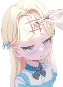 Rule 34 | 1girl, apron, artist name, black bow, black bowtie, blonde hair, blue apron, blue archive, blue eyes, blurry, blush, bow, bowtie, closed mouth, collared shirt, drawing on another's face, forehead, forehead writing, from above, half-closed eyes, highres, holding, holding marker, long hair, marker, parted bangs, polo shirt, samlooop, shirt, simple background, sora (blue archive), tearing up, tears, tic-tac-toe, upper body, white background, white shirt