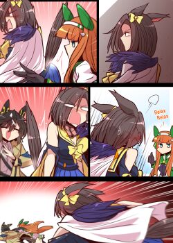 3girls air_groove_(empress_road)_(umamusume) air_groove_(umamusume) animal_ears blue_eyes bow brown_hair ear_bow ear_covers english_text hair_between_eyes hairband highres horse_ears horse_girl horse_tail long_hair multicolored_hair multiple_girls official_alternate_costume orange_hair short_hair silence_suzuka_(innocent_silence)_(umamusume) silence_suzuka_(umamusume) smile spanked stay_gold_(umamusume) tail umamusume white_hair yonedatomo_mizu