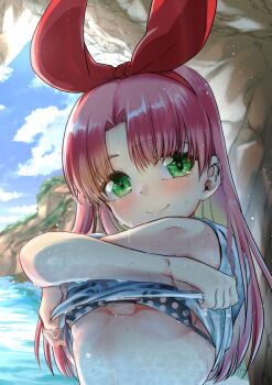 Rule 34 | 1girl, arms up, bikini, blush, bow, breasts, cave, closed mouth, cloud, day, green eyes, hair bow, highres, kusu (moo1225), lake, laura newfield, long hair, looking at viewer, outdoors, parted bangs, pink hair, red bow, ribbon, see-through clothes, shirt, sky, smile, solo, swimsuit, t-shirt, undressing, upper body, water, water drop, wet, wet clothes, wet shirt, wet swimsuit, yuukyuu gensoukyoku