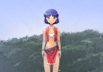 1girl arms_at_sides bare_shoulders blue_eyes blue_hair blue_sky bracelet breasts clear_sky cleavage closed_mouth collarbone dark-skinned_female dark_skin day earrings fushigi_no_umi_no_nadia gold_bracelet groin highres himehachi_(hime8manga) hoop_earrings jewelry legs_apart nadia_la_arwall navel neck_ring open_clothes open_vest outdoors red_skirt red_vest short_hair skirt sky small_breasts solo standing straight_hair strapless tube_top vest white_tube_top