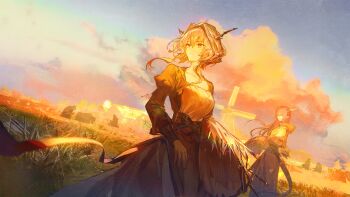 2girls arknights artist_request black_horns cowboy_shot dress dusk floating_hair game_cg grey_hair hair_intakes highres holding_wheat horns long_sleeves looking_at_viewer looking_to_the_side multiple_girls nine_(arknights) official_art outdoors pointy_ears red_hair sad sky standing tail talulah_(arknights) wheat_field windmill