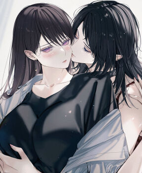 2girls bang_dream! bang_dream!_it&#039;s_mygo!!!!! black_choker black_hair black_shirt blackfangs breasts brown_hair camisole choker closed_eyes closed_mouth commentary grabbing_another&#039;s_breast grabbing_from_behind groping highres kiss kissing_cheek large_breasts light_particles long_hair mole mole_under_eye multiple_girls purple_eyes red_camisole shiina_taki shirt yahata_umiri yuri