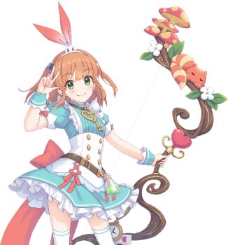 blush bottle bow bow_(weapon) bowtie flower green_eyes hair_ornament holding holding_weapon official_art orange_hair pocket_watch princess_connect! red_bow red_bowtie rino_(princess_connect!) rino_(wonderland)_(princess_connect!) short_hair smile thighhighs v watch weapon white_thighhighs