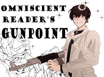 1boy :d assault_rifle black_hair black_shirt coat english_text flower grin gun highres holding holding_gun holding_weapon kim_dokja looking_to_the_side ma_someru male_focus omniscient_reader&#039;s_viewpoint open_clothes open_coat open_mouth parody popped_collar rifle rose shirt short_hair smile solo title_parody weapon white_coat