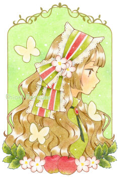 1girl apple brown_eyes brown_hair bug butterfly chiori_n colored_pencil_(medium) commentary_request expressionless flower food fruit hairband insect long_hair original profile solo traditional_media upper_body wavy_hair