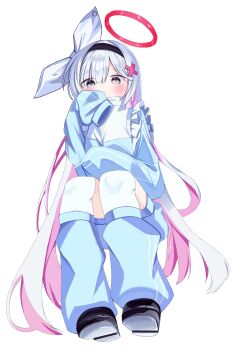 1girl absurdres black_hairband blue_archive blush bow colored_inner_hair commentary_request from_below hair_bow hair_ornament hairband halo highres jacket kneehighs long_hair loose_socks multicolored_hair plana_(blue_archive) red_halo shoes simple_background socks solo su-hwan tenshi_kaiwai white_background x_hair_ornament