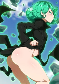 1girl ass black_dress blush breasts curly_hair dress floating floating_rock from_behind glowing green_eyes green_hair jcm2 levitation looking_at_viewer looking_back no_panties one-punch_man shiny_skin short_hair side_slit small_breasts sweat tatsumaki telekinesis