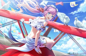 1girl :d aircraft airplane anyoji_hime ao_no_tsubame_(love_live!) armpit_crease back bare_shoulders biplane bird blonde_hair blue_sky clothing_cutout cloud crop_top day dove fingerless_gloves floating_hair game_cg gloves gradient_hair highres link!_like!_love_live! long_hair love_live! median_furrow multicolored_hair non-web_source official_art on_airplane open_mouth outdoors pink_hair ponytail short_sleeves shoulder_cutout sitting skirt sky smile solo string_of_flags takeoff teeth two-tone_hair upper_teeth_only v-shaped_eyebrows virtual_youtuber white_bird white_gloves white_skirt