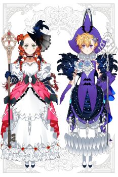 2girls abin0027 absurdres blonde_hair blush chocolat_meilleure choker commentary_request dress drill_hair earrings full_body gloves green_eyes hair_between_eyes hat highres holding holding_scepter jewelry long_dress long_hair multiple_girls neck_ruff orange_hair puffy_sleeves purple_gloves purple_hat scepter short_hair skeleton sugar_sugar_rune vanilla_mieux