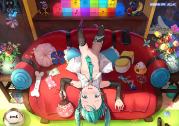 1girl apple aqua_eyes aqua_hair aqua_nails arm_warmers artist_name bad_anatomy banana bass_clef beamed_eighth_notes black_thighhighs bone bowl censored couch fermata flat_chest flat_sign food fruit grapes half_note hand_fan hatsune_miku indoors instrument liclac loli lying musical_note nail_polish natural_sign necktie nipples on_back on_couch open_clothes open_shirt panties panties_around_leg pillow popsicle poster_(object) roomscape scenery sixteenth_note solo striped_clothes striped_panties striped_thighhighs stuffed_whale sushi-shaped_pillow sweat tattoo thighhighs treble_clef twintails underwear upside-down vase violin vocaloid watermark