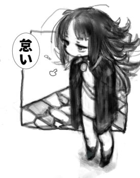 1girl bags_under_eyes boots bored brooch cape dress full_body greyscale jewelry long_hair looking_ahead loose_hair_strand lowres monochrome open_mouth original outside_border pon_(tab_rasa) puff_of_air short_dress sigh solo standing translation_request