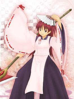 Rule 34 | 1girl, bad id, bad pixiv id, company connection, cosplay, female focus, folding fan, fuuma nagi, hand fan, konoe konoka, konoe konoka (cosplay), mahou sensei negima!, mahou shoujo madoka magica, mahou shoujo madoka magica (anime), nonaka ai, polearm, sakura kyoko, shaft (company), solo, spear, voice actor connection, weapon