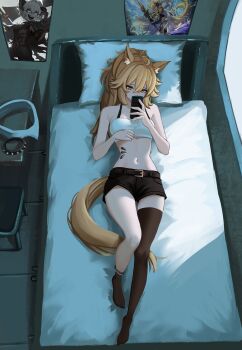 1girl absurdres ahoge animal_ear_fluff animal_ears arknights asymmetrical_legwear bed black_shorts black_socks black_thighhighs blonde_hair blyskawica_(flandre5carlet) breasts cellphone commission commissioner_upload crop_top denim denim_shorts full_body green_eyes hair_between_eyes highres holding holding_phone horse_ears horse_girl horse_tail infection_monitor_(arknights) long_hair looking_at_phone lying material_growth midriff navel nearl_(arknights) nearl_the_radiant_knight_(arknights) no_jacket non-web_source on_back on_bed original oripathy_lesion_(arknights) phone pillow ponytail poster_(object) scarf second-party_source shirt short_shorts shorts single_sock single_thighhigh small_breasts smartphone socks solo tail tank_top thighhighs unworn_collar unworn_scarf white_shirt yan_kodiac