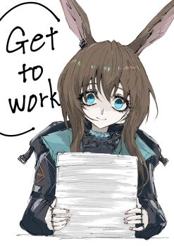 1girl aizettonagi amiya_(arknights) animal_ears arknights black_jacket blue_eyes brown_hair closed_mouth commentary english_commentary english_text highres jacket jewelry looking_at_viewer multiple_rings paper_stack rabbit_ears rabbit_girl ring simple_background sketch smile solo white_background